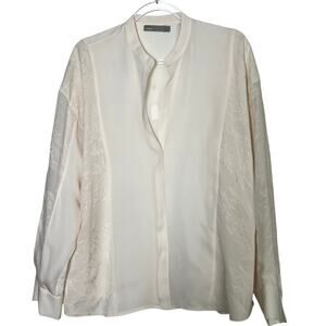 Vince Mixed Media Silk Blouse Women's Size Large Cream Long Sleeve Mixed Media